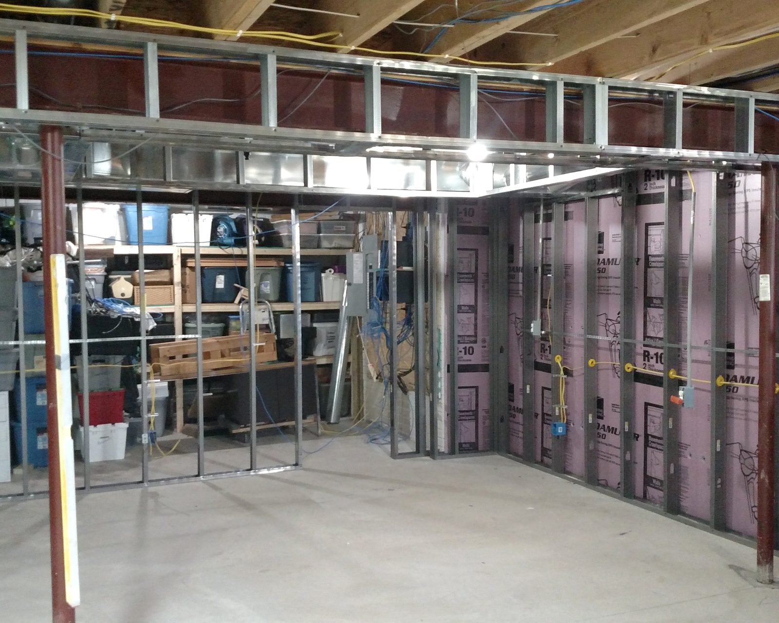 Metal stud framing and foam insulation